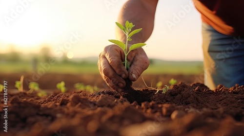Regenerative Agriculture: Farmer's Hands Planting Seedling in Field. Sustainable Farming, Environmental Conservation, and Eco-Friendly Agriculture Concept. Close - up shot of a farmer's hands