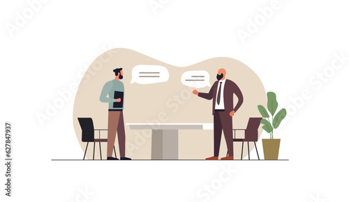 Boss and the manager are discussing the project while standing at the table in the office. The concept of teamwork, control of the implementation of set goals. Communication between colleagues.