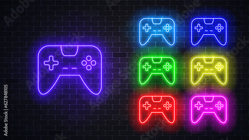 Gamepad neon glowing sign set. Vector illustration 
