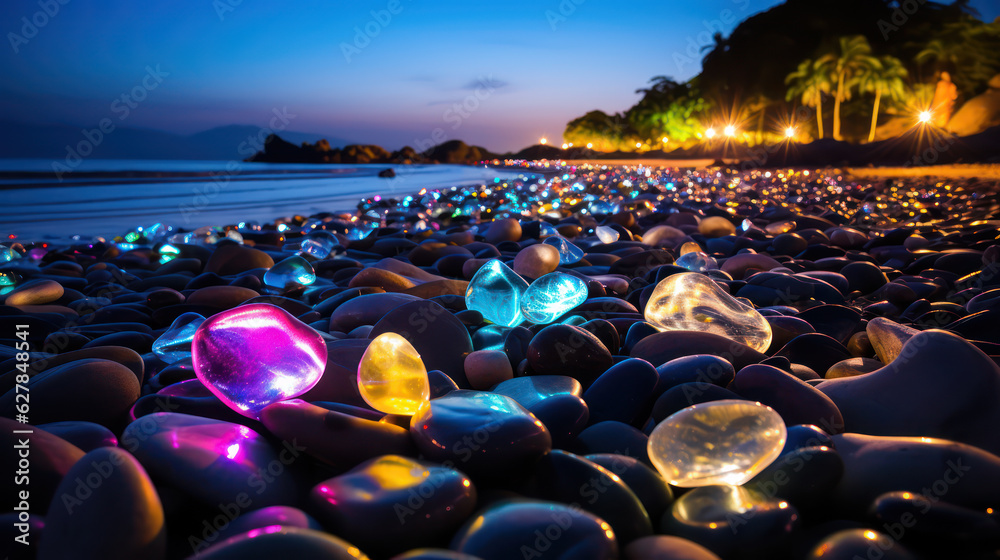 Neon Colorful Pebbles stand on the beach