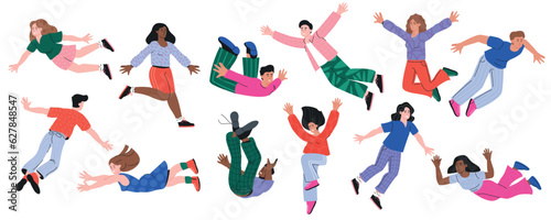 Flying people. Cartoon characters fly in sky and enjoy new sensation of weightlessness, dream and imagination. Vector isolated set