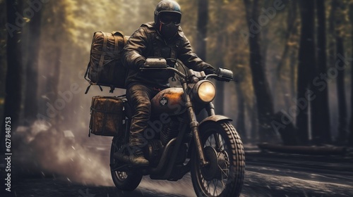 illustration, a cyclist equipped with clothing who travels with his motorcycle, ai generative