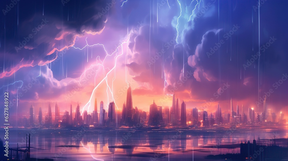illustration, a big electrical storm in the landscape of a big futuristic city, ai generative