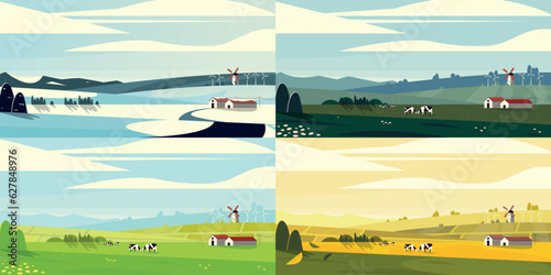 Seasonal landscape. Summer spring fall winter park with trees, flowers and grass, cartoon background with sun and sky. Vector illustration