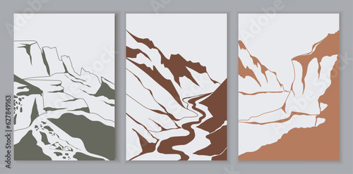 Set of posters with abstract landscape. Aesthetics and elegance, minimalist creativity and art. Mountains and hills near river. Cartoon flat vector collection isolated on grey background
