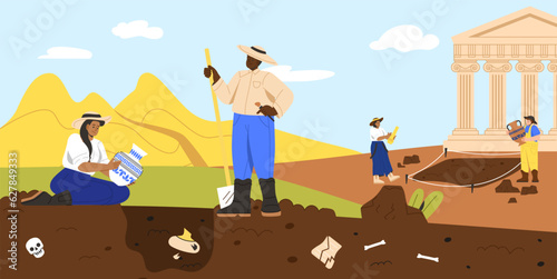 Archaeologists at excavations concept. Men and women examine ancient vases and dinosaur bones. Fossils and relics. People with ancient ciivilizations symbols. Cartoon flat vector illustration