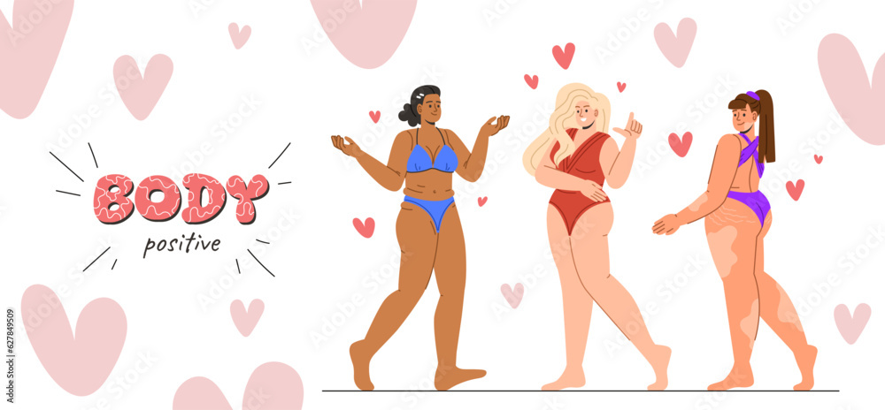 Women with body positive concept. Self acceptance and love. Aesthetics and elegance, beauty. Young girls in swimsuit. Poster or banner for website. Cartoon flat vector illustration Women with body positive concept. Self acceptance and love. Aesthetics and elegance, beauty. Young girls in swimsuit. Poster or banner for website. Cartoon flat vector illustration