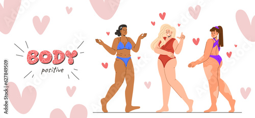 Women with body positive concept. Self acceptance and love. Aesthetics and elegance, beauty. Young girls in swimsuit. Poster or banner for website. Cartoon flat vector illustration