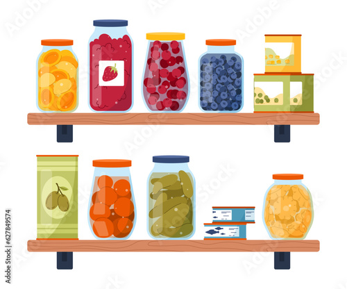 Set of canned natural food. Natural and organic products. Farming and agriculture. Fruits, berries and vegetables. Tomatoes and cucumbers. Cartoon flat vector collection isolated on white background