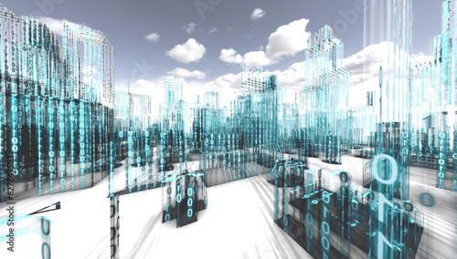 Diseño abstracto de arquitectura urbana y ciudad. Proyecto o boceto de ciudad tecnologica moderna sobre fondo blanco.