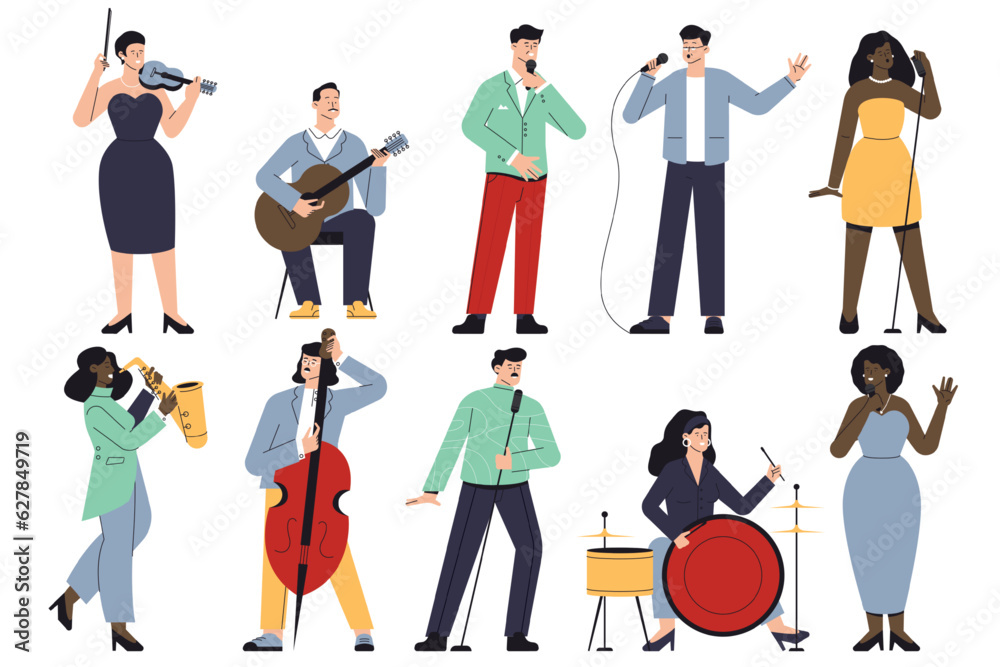 Singers and musicians characters. Cartoon musicians and band members, jazz and rock musicians playing instruments and performing. Vector set