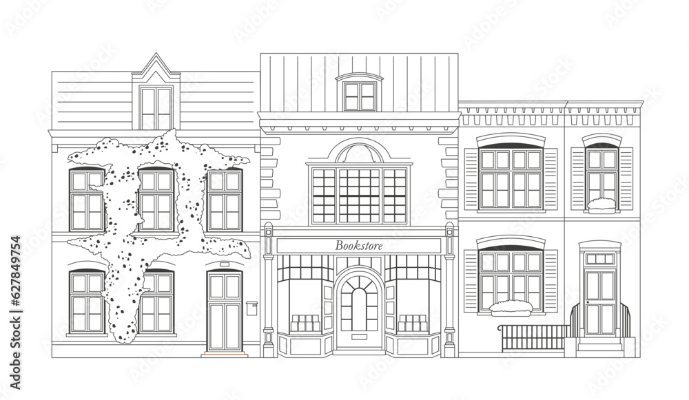 Cute urban buildings line concept. Architecture and infrastructure. Bookstore and bookshop. Love for literature and reading. Minimalist creativity and art. Linear flat vector illustration