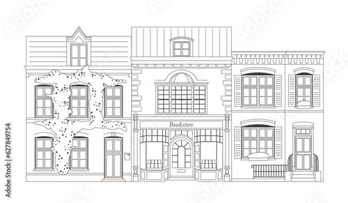 Cute urban buildings line concept. Architecture and infrastructure. Bookstore and bookshop. Love for literature and reading. Minimalist creativity and art. Linear flat vector illustration