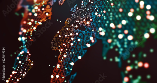 Ilustración 3d y concepto de logística internacional de acuerdos y negocios internacionales. Redes y empresas de todo el mundo.Mapa mundial y networking.