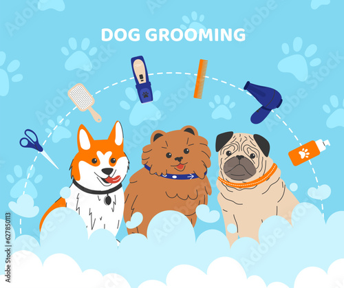 Dog grooming advertising poster concept. Puppies of different breeds near combs for pets. Health care for domestic animals. Aesthetics and elegance. Cartoon flat vector illustration