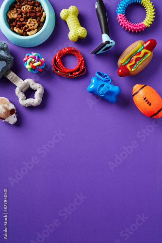Cat and dog health supplies and toys on purple background. Flat lay, top view.