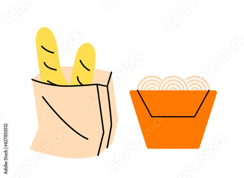 Loaves with noodle doodle concept. Bag package with flour products and ramen in bowl. Traditional asian and korean cuisine. Cartoon flat vector illustration isolated on white background