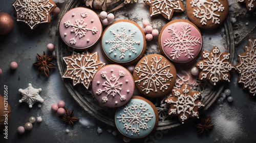 Frosted Sugar Cookies with Beautiful Icing Designs in Vintage Pastel Color Scheme - Christmas, Birthdays, Holidays, and Celebrations - Generative AI