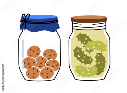 Canned cucumbers doodle concept. Cookies with chocoilate. Vegetable and dessert, delicacy. Template, layout and mock up. Cartoon flat vector illustration isolated on white background