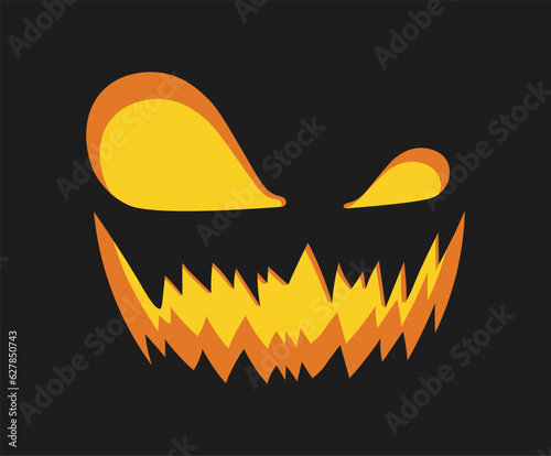 Halloween pumpkin horror emoticon concept. Scary and horror character. Mysticism and magic, sorcery. Poster or banner for website. Cartoon flat vector illustration isolated on black background