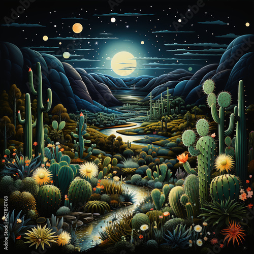 cactus, moon, mountains landscape, background