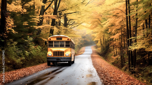 She watches the yellow school bus drive down the winding country road in autumn.