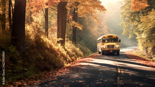 A school bus drives down a country road in autumn.