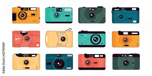 Point and shoot camera. Hipster retro camera with plastic lens, old travel photography equipment for photo shoot. Vector ticker set