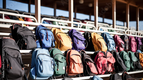 The students left their backpacks on the bleachers after class.
