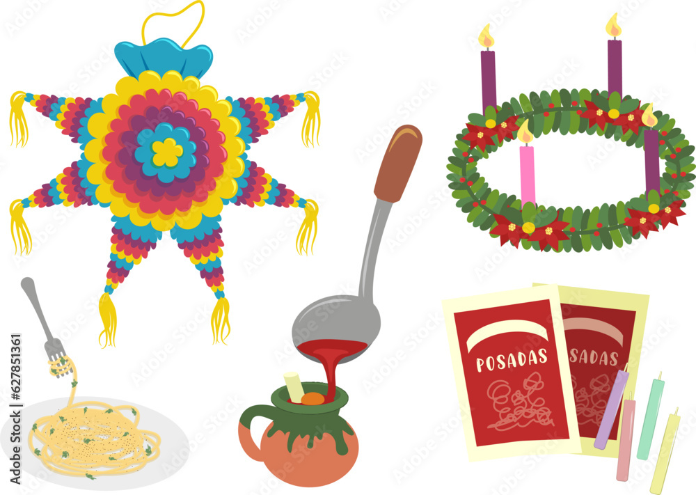 Elementos en una posada de navidad. Piñata, ponche, corona de adviento, letanía y comida. Tradición religiosa y cultural en México. Vector