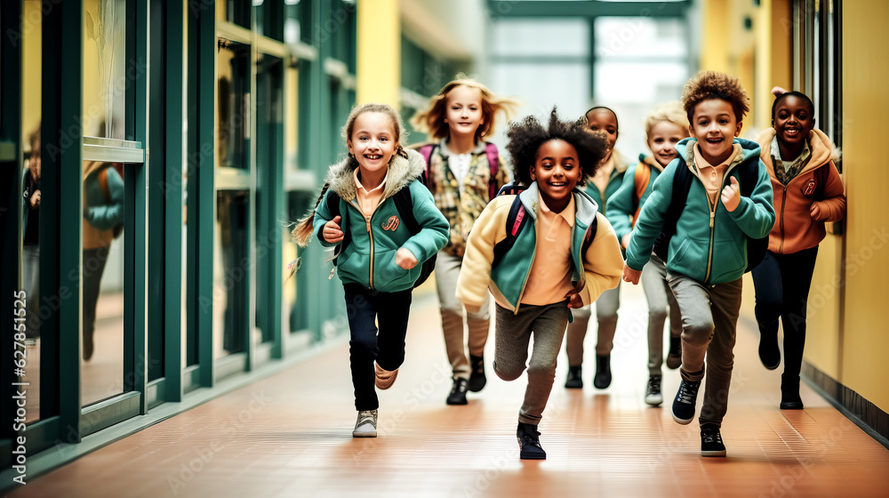 Fototapeta premium He watched the pupils rush through the school corridor, faces alight with excitement.