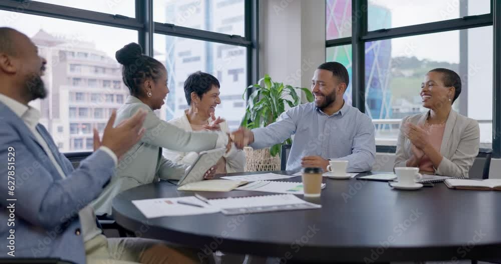 Success, clapping or happy business people shaking hands for deal, sales goal or b2b meeting success. Smile, applause or excited manager with handshake to welcome a proud employee in job promotion Success, clapping or happy business people shaking hands for deal, sales goal or b2b meeting success. Smile, applause or excited manager with handshake to welcome a proud employee in job promotion