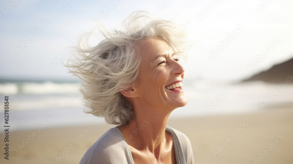 Laughing attractive mature senior woman looking away in the coast Laughing attractive mature senior woman looking away in the coast
