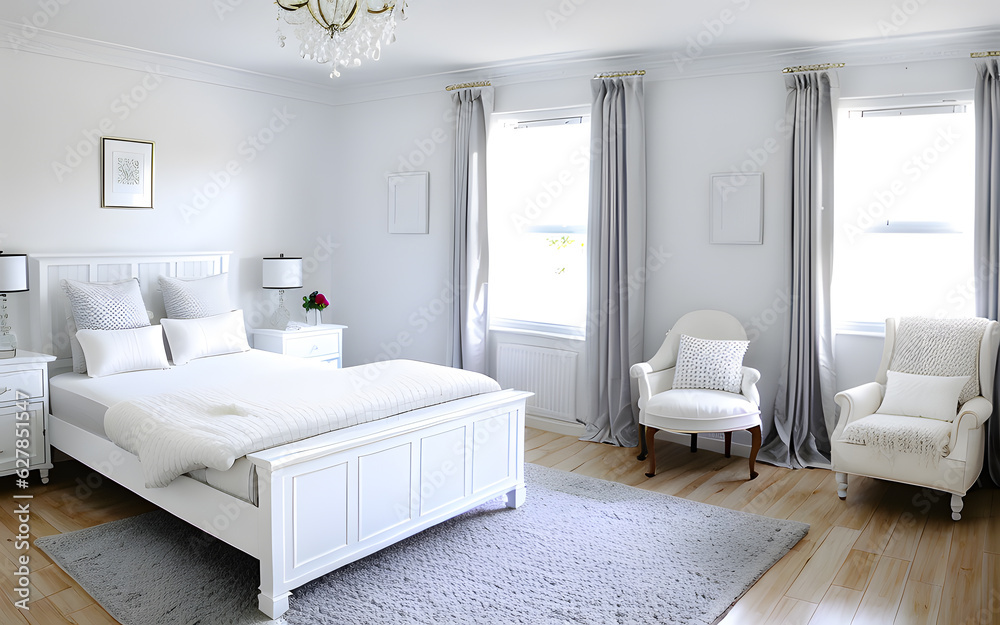 Photorealistic luxury indoor white bedroom with shining bright sunlight from the window Photorealistic luxury indoor white bedroom with shining bright sunlight from the window