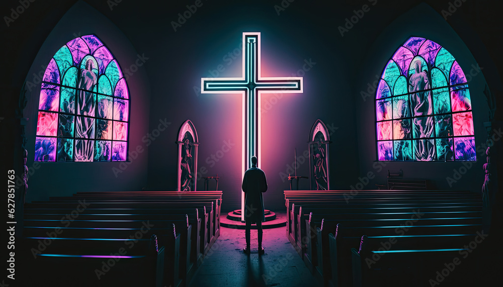 Against background of darkness of church interior at night, human ...