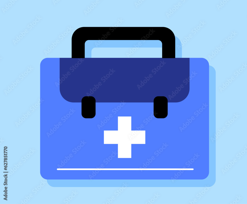 Medical first aid kit sticker concept. Treatment and health care. Bag with drugs and medicines. Template, layout and mock up. Cartoon flat vector illustration isolated on blue background Medical first aid kit sticker concept. Treatment and health care. Bag with drugs and medicines. Template, layout and mock up. Cartoon flat vector illustration isolated on blue background