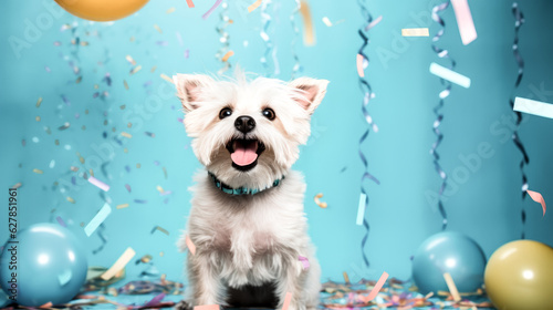 A cute, happy dog celebrates at a birthday party.