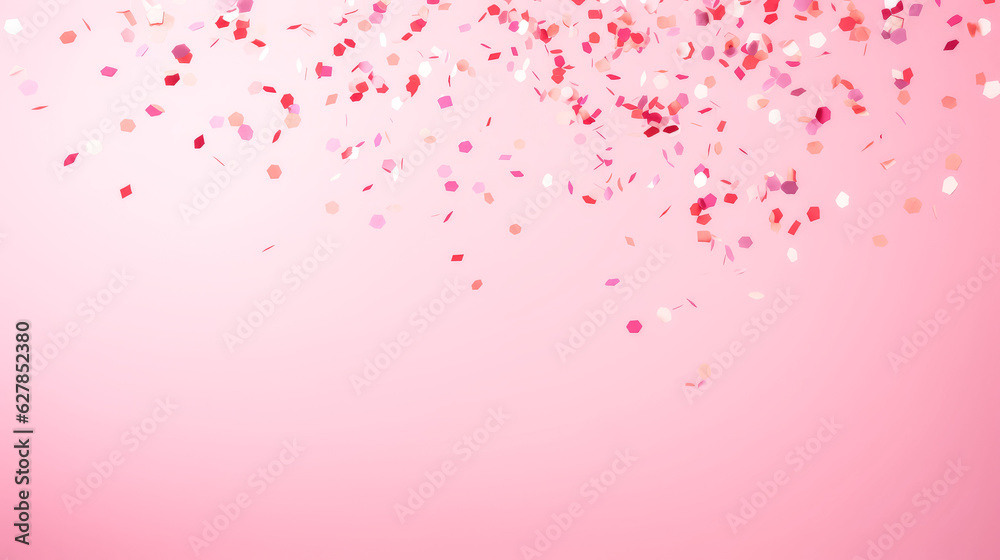 Colorful confetti rains down on a vibrant pink background.