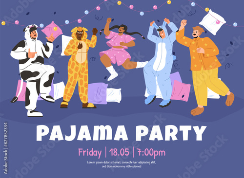 Pajamas party invitation template concept. Young guys and girls in sleepwear. Comfgort and coziness. Evening party or event. Teenagers with pillows and garland. Cartoon flat vector illustration