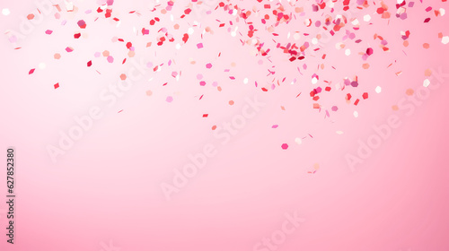 Colorful confetti rains down on a vibrant pink background.