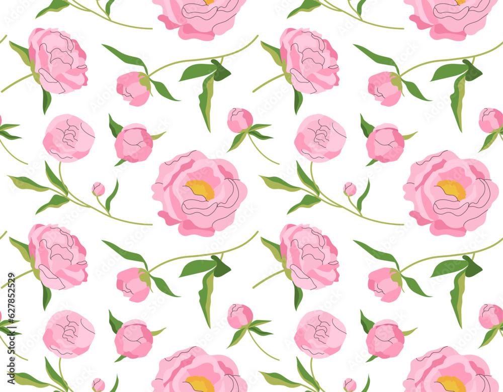 Seamless pattern with pink peonies. Repeating design element for printing on fabric. Bloom and blossom plants and flowers. Aesthetics and elegance. Cartoon flat vector illustration