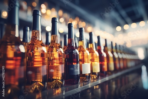 Abstract blur wine bottles on liquor alcohol shelves in supermarket store background