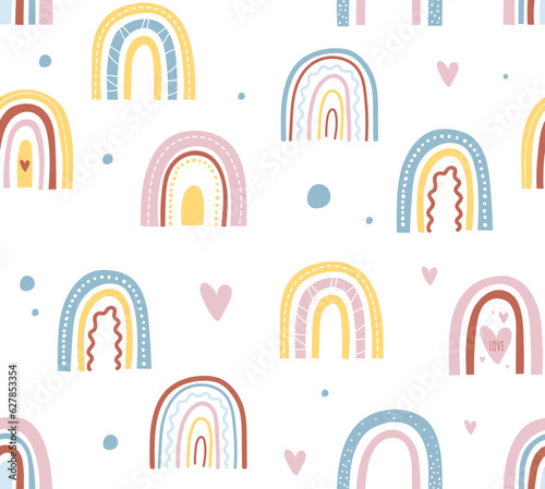 Seamless pattern with rainbow. Repeating design element for printing on fabric. Aesthetics and elegance. Dream, imagination and fantasy. Art in scandinavian style. Cartoon flat vector illustration