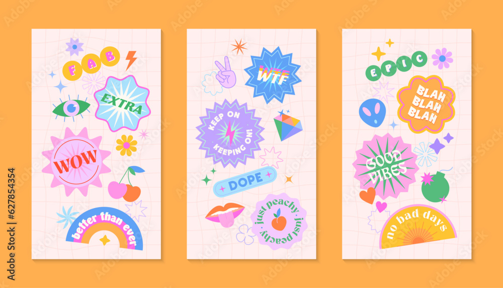 Naklejka premium Vector insta story templates with patches and stickers in 90s style.Smm banners in y2k aesthetic with chess background.Funky designs for social media marketing,branding,packaging