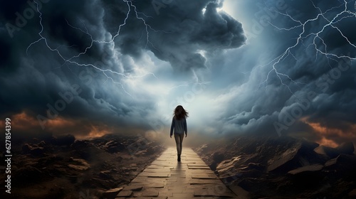 woman in storm in the mountains