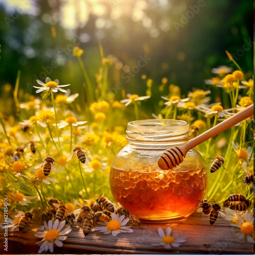 Bees flocked to a jar of honey standing on an old stump in the garden in the apiary