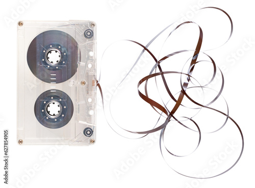 Cassette tape with the tape pulled out on an isolated background.