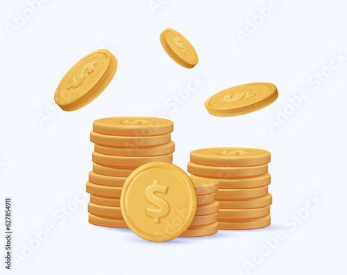 3D realistic golden coins pile. Money, profit gold money, cash or treasure. Growth, Income, Savings, Investment 3D