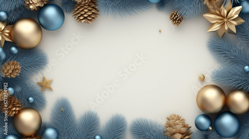 A festive Christmas background with blue and gold colors, adorned with pine cones and ornaments