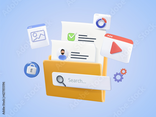 3D serch for files. File browser, document management app. Searching image and video content files. 3D video, photo